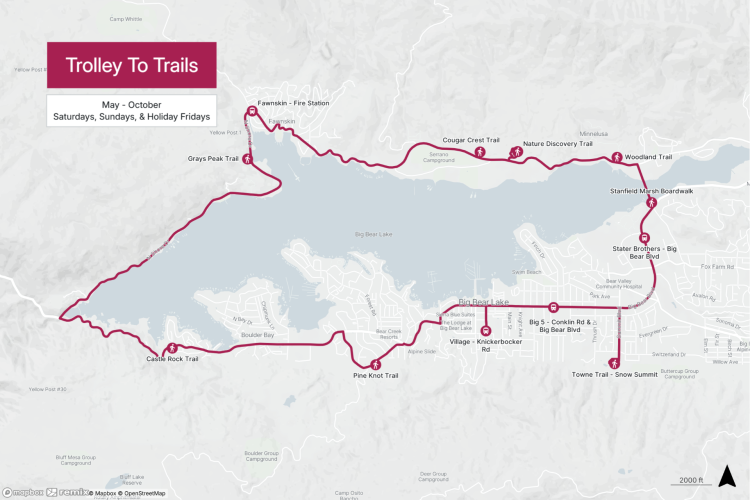 Big Bear Trolley to Trails Route Map - there are trolley stops at trails all around the lake.