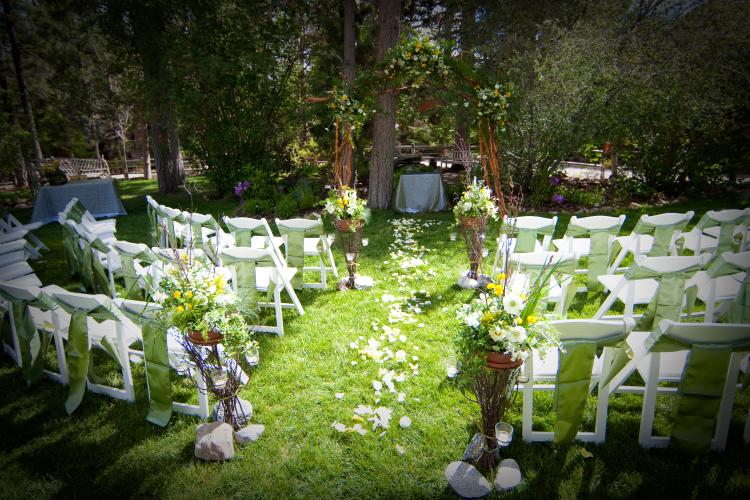 A vignetted image shows white flower petals lining a grassy wedding aisle between rows of white chairs. The area is wooded.