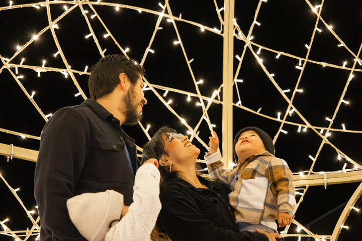 A photo of a family of four looking up towards the bright Alpine Zoo Wild Lights.