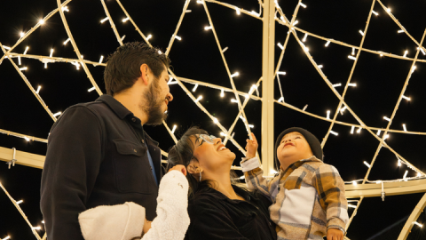 A photo of a family of four looking up towards the bright Alpine Zoo Wild Lights.