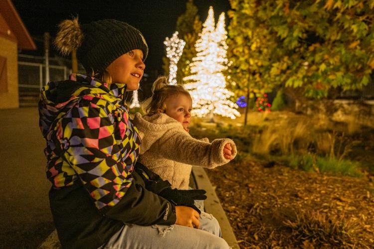 A photo of two children looking at light displays at the Big Bear Alpine Zoo Wild Lights.