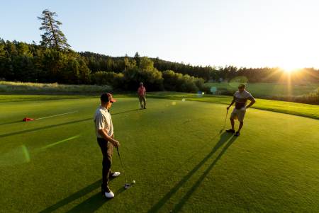A group of three males golfing at Bear Mountain Golf Course on a flat green field - the trees and bright sunshine are visible