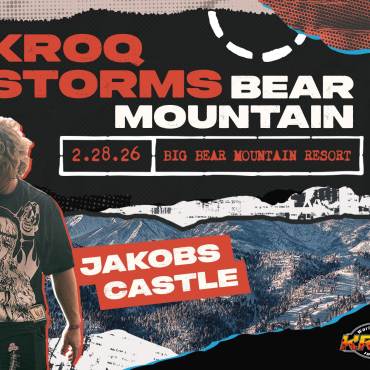 A digital poster for the Kroq Storms Bear Mountain event happening February 28th at Bear Mountain Ski Resort.
