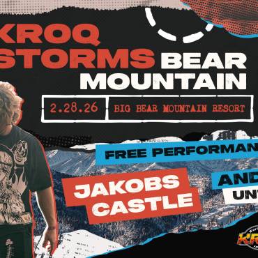 A digital poster for the Kroq Storms Bear Mountain event happening February 28th at Bear Mountain Ski Resort.
