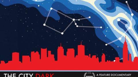 A digital flyer for "The City Dark" a documentary from Wicked Delicate Films, there are constellations and a city depicted.
