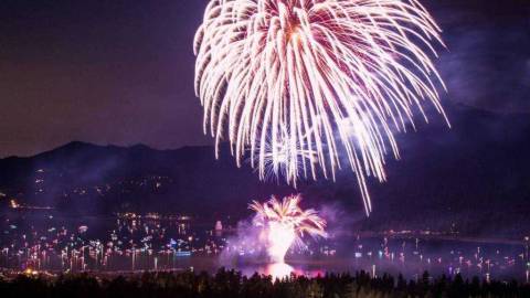 A fireworks display during 4th Of July above Big Bear Lake, the white streams of sparks and embers flying through the air.
