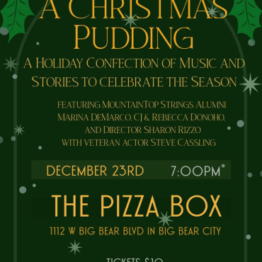 A digital flyer for the Christmas Pudding Event at No-Name Pizza Co featuring music - the date is December 23rd at 7:00 PM.