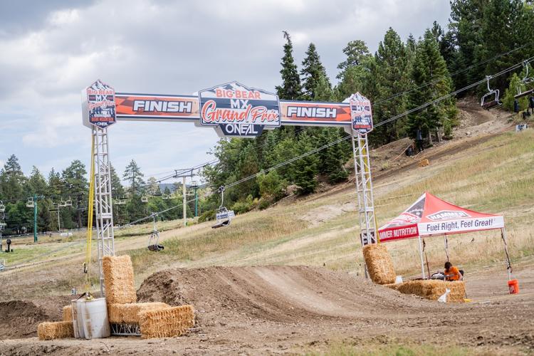 The finish line at the Big Bear Lake Motocross Grand Prix at Bear Mountain - there is a large dirt ramp under the finish line
