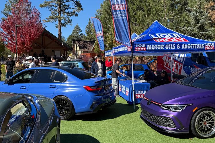Two European Tuner Cars parked on a trimmed grass lot - there is a vendor booth for LiquiMoly in the background.