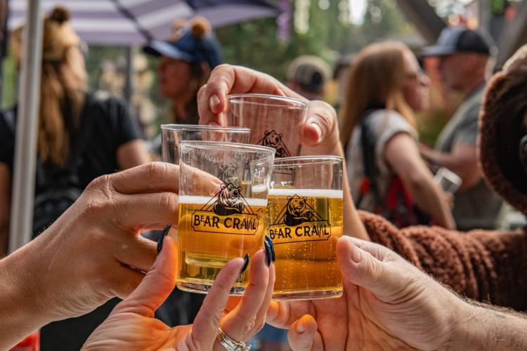 A photo of four hands holding filled beer shot glasses making a toast during the Big Bear Lake Bear Crawl.