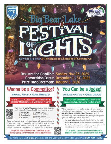 A digital flyer for the Festival Of Lights display competition held by Visit Big Bear and The Big Bear Chamber Of Commerce.