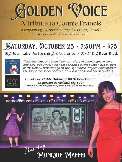 A digital poster for the Big Bear Theatre Project featuring "Golden Voice - A Tribute to Connie Francis."