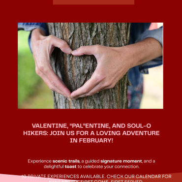 A digital flyer for the Valentine's Hearts and Hikes private guided hiking event.