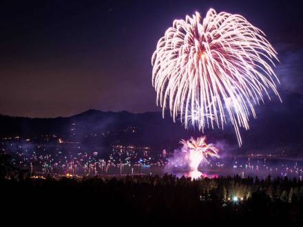 A fireworks display during 4th Of July above Big Bear Lake, the white streams of sparks and embers flying through the air.