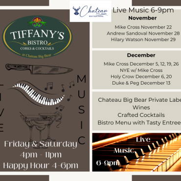 A digital flyer for the Live Music Line Up at Tiffany's Bistro.