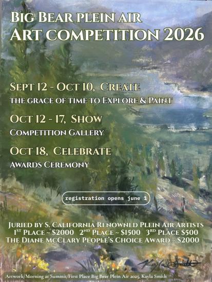 A digital flyer for the Big Bear Plein Air Art Competition 2026, happening select days September 12 through October 18th.