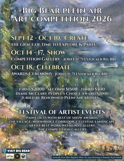 A digital flyer for the Big Bear Plein Air Art Competition 2026, happening select days September 12 through October 18th.