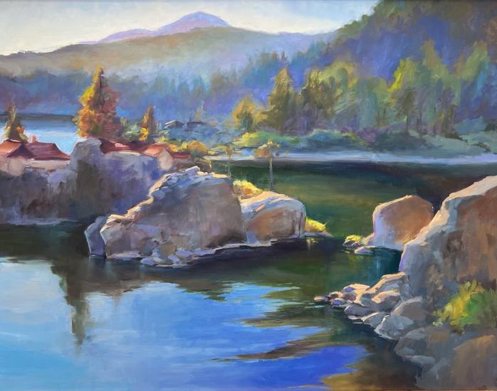 The 3rd place winner of the 2024 Plein Air arts competition, her piece slightly shows china island peaking out from boulders.