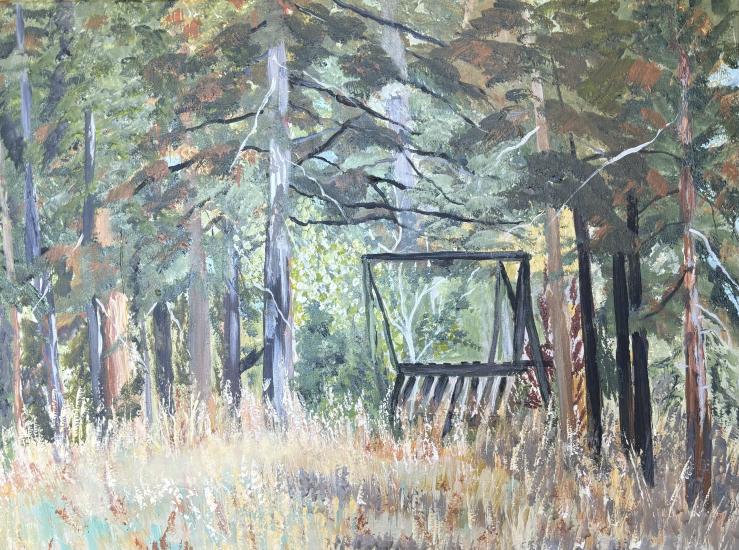 The peoples choice winner of the 2024 Plein Air arts competition, her piece shows a swing in the middle of a dense forest.