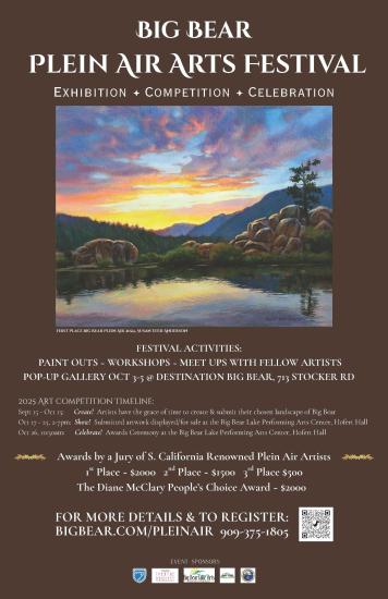 A digital flyer for the Big Bear Plein Air competition, the previous year winner's painting is displayed as a center piece.