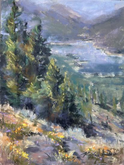 First place painting from the 2025 Big Bear Plein Air Art Competition - the lake is seen from behind trees on a hill.