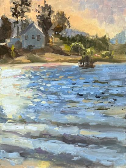 A painting from the Plein Air Art Competition - it depicts a house on the shoreline among the trees overlooking the lake.