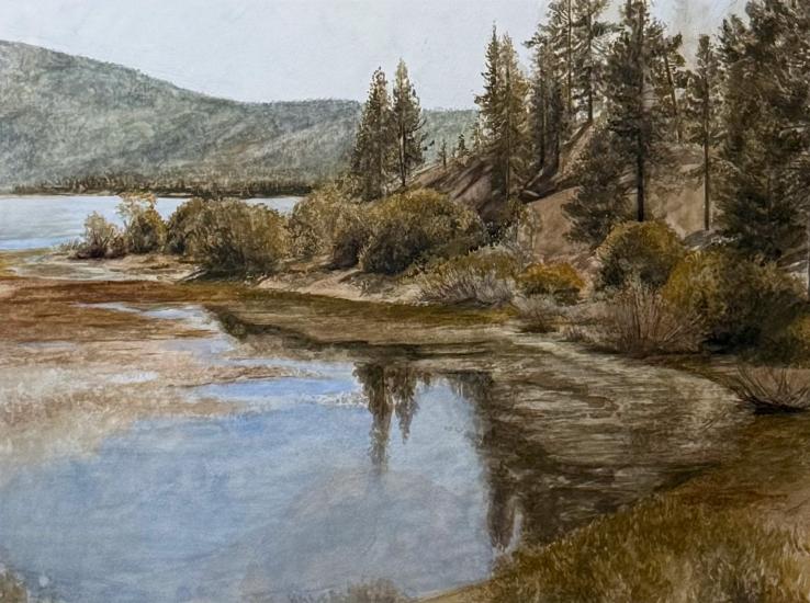 People's Choice painting from the 2025 Big Bear Plein Air Art Competition - the clear reflective waters are seen beside trees