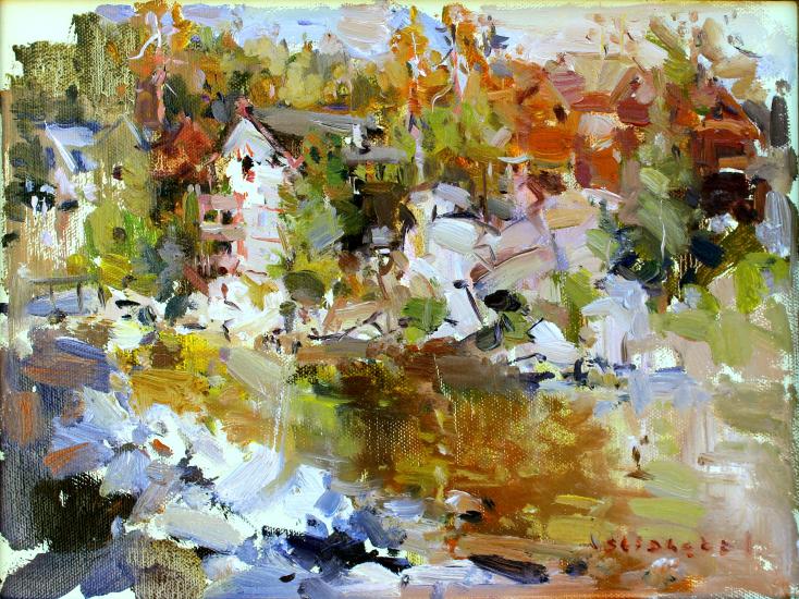The second place painting of the Big Bear Plein Air Art Competition - it depicts many houses overlooking the lake.