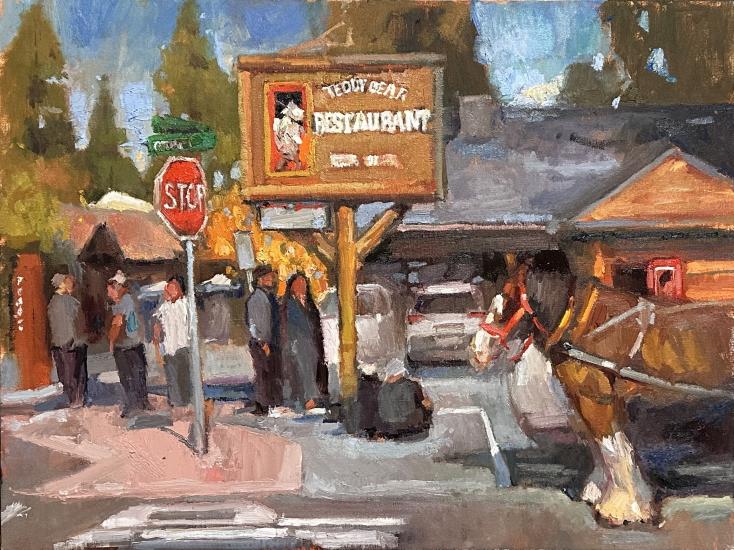 The painting of the Plein Air Art Competition third place winner - it depicts the Teddy Bear Restaurant and a horse carriage.
