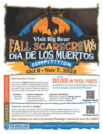 A digital flyer for the Big Bear Scarecrow & Dia de Los Muertos decorating contest.