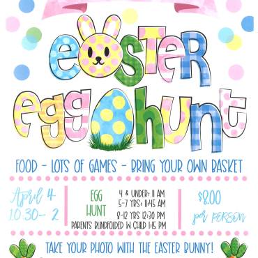 A digital flyer for the Big Bear Lake Easter Egg Hunt event at Sunnybrook Estate happening April 4th, 2026.