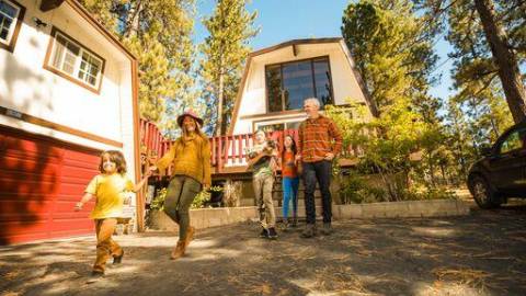 A family of five and their dog walking down the hill from their cabin, the shade from the trees showing peaks of sunshine.