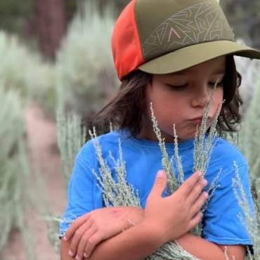 A boy smells a sage plant along a hiking trail in Big Bear.
