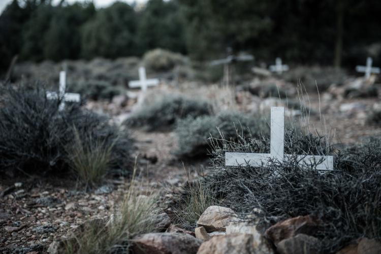White crosses mark graves of the unknown at Doble Cemetery in Big Bear Lake.