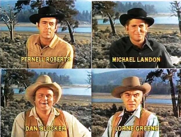 A quad collage of Pernell Roberts, Michael Landon, Dan Blocker, and Lorn Greene posing for photos in Big Bear Lake California