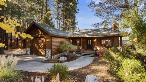 A photo of a wooden lodge cabin nestled in the forest by Big Bear Cool Cabins.