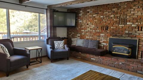 A photo of Big Bear Hostel's interior - there is a television, single seat couches, a fireplace, and a stunning outdoor view.