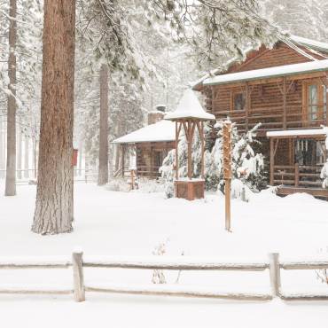 Snow covers the yard of a Big Bear cabin - the tall trees accompanying the tall cabin.