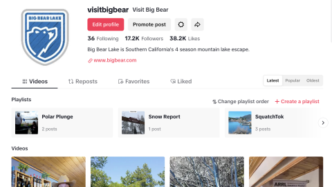 The Visit Big Bear TikTok page, there are playlists, snow reports, event details, as well as videos like Squatch-Tok.