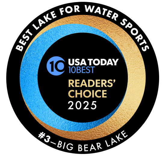 Big Bear Lake's 2025 award from USA Today 10 Best, the award reads "Best Lake For Water Sports, 3rd place Big Bear Lake"